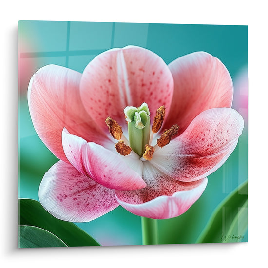 Tulipe rose et blanche largement ouverte, étamines dorées, fond turquoise en arrière-plan
