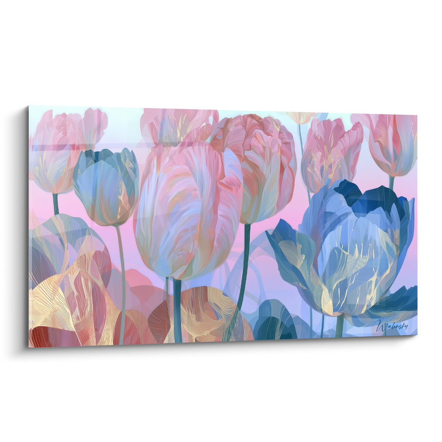 Tableau Tulipes roses et bleues aux feuilles dorées translucides - Silhouettes végétales superposées - Edition Tulipe
