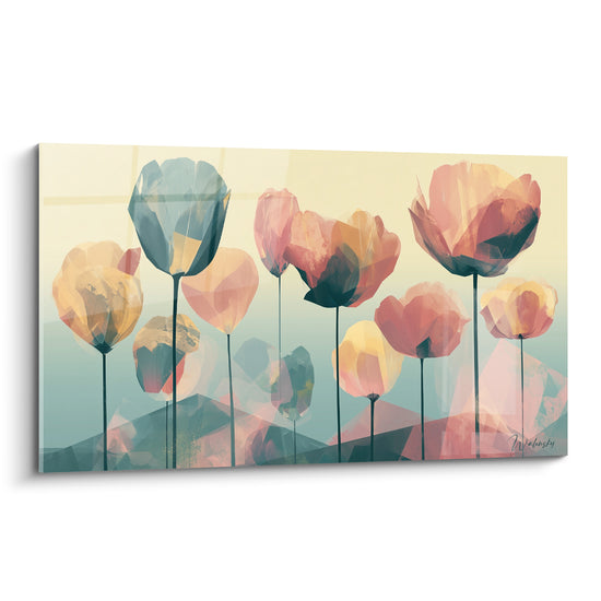 Tulipes roses, ocre et bleu pastel aux formes géométriques sur fond dégradé jaune et vert
