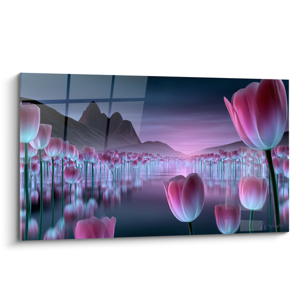 Tableau Tulipes roses et turquoise sur lac montagneux - Reflets sur l'eau - Edition Tulipe