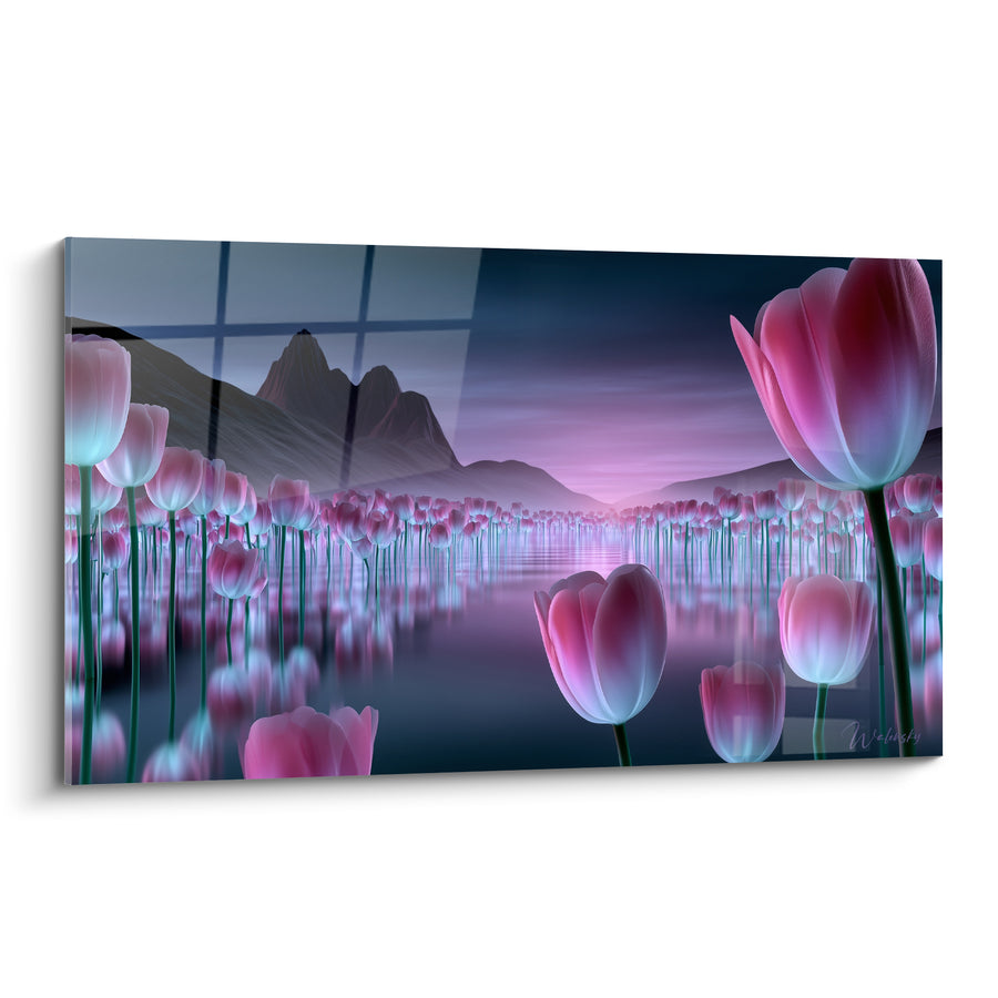 Tableau Tulipes roses et turquoise sur lac montagneux - Reflets sur l'eau - Edition Tulipe