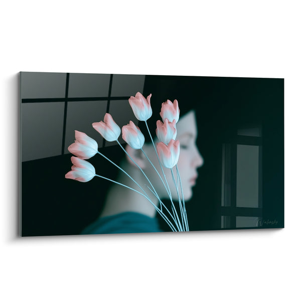 Tableau Bouquet rose et bleu pâle devant silhouette floue - Profil féminin en fenêtre - Edition Tulipe