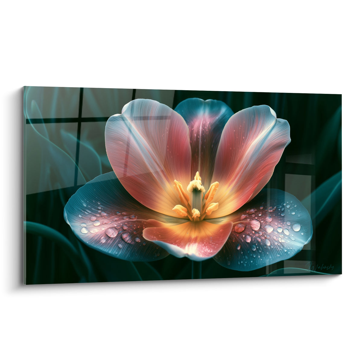 Tulipe aux pétales bleu turquoise et rose corail, cœur doré perlé de gouttes de rosée
