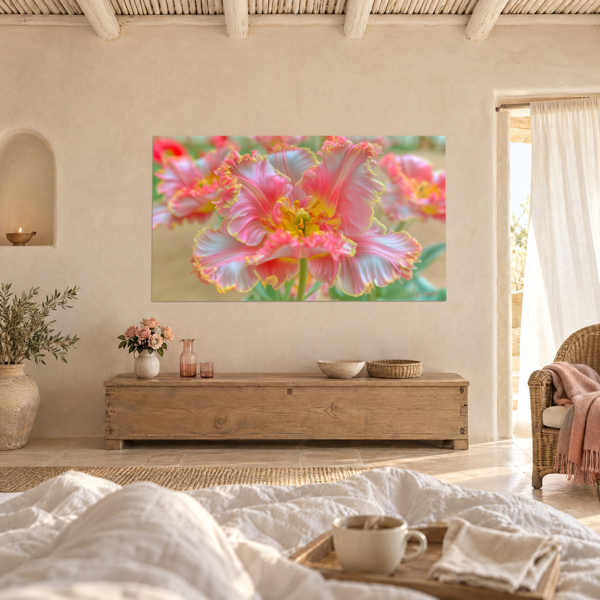 Wall art wavy corolla in salmon pink and ivory, bright yellow pistil, above a bed in a light bedroom