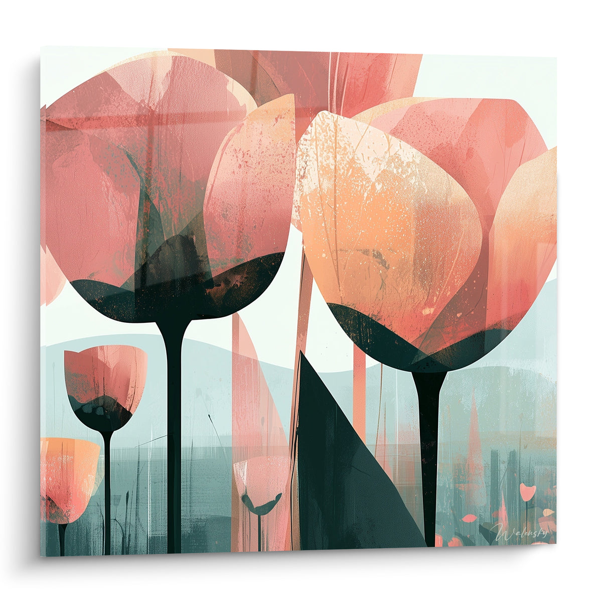 Tulipes roses et corail aux tiges anthracite déployées sur fond bleu pastel graphique