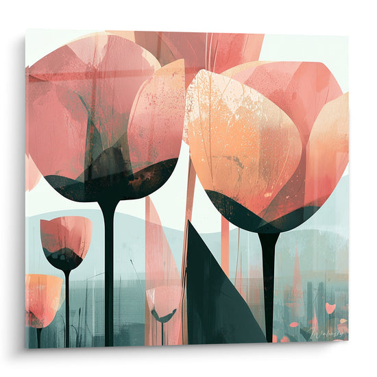 Tulipes roses et corail aux tiges anthracite déployées sur fond bleu pastel graphique