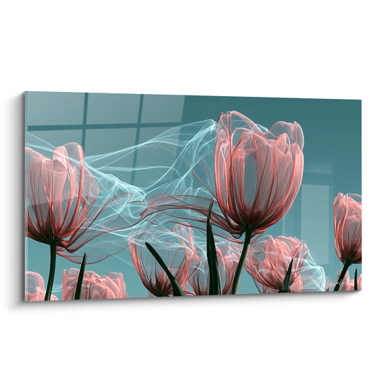 Tulipes translucides rose corail et bleu sarcelle aux nervures fines sur fond graphique lumineux