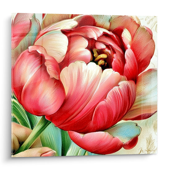 Tulipe rose corail aux pétales veinés et cœur doré, peinte avec un réalisme minutieux sur fond ivoire