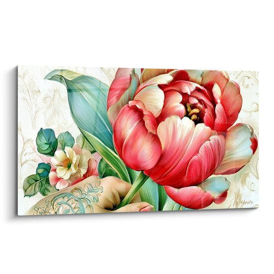 Tulipe rose corail épanouie aux feuilles vertes sur fond crème orné, style botanique détaillé
