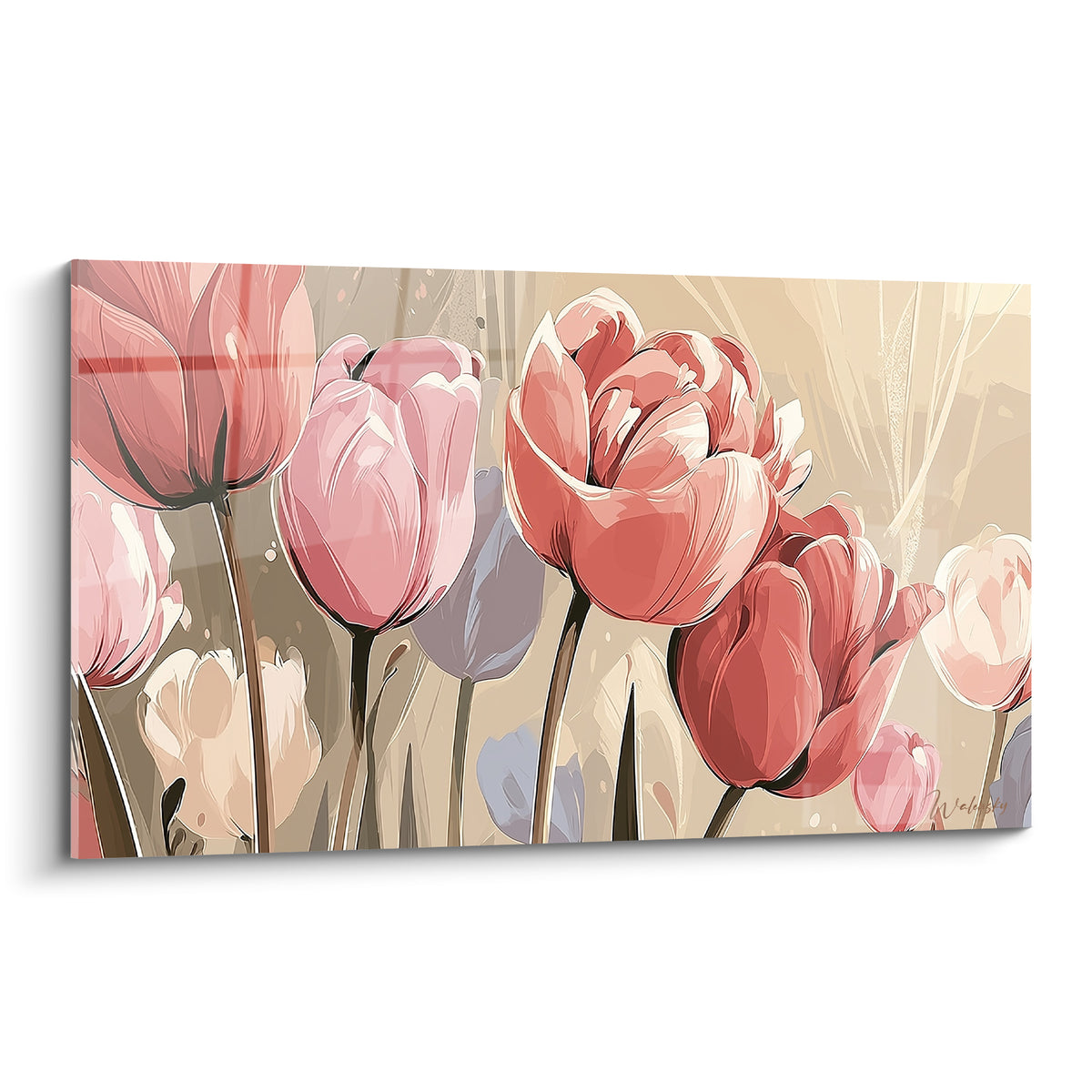 Tulipes roses, corail et lilas aux pétales ouverts, style illustré sur fond beige poudré