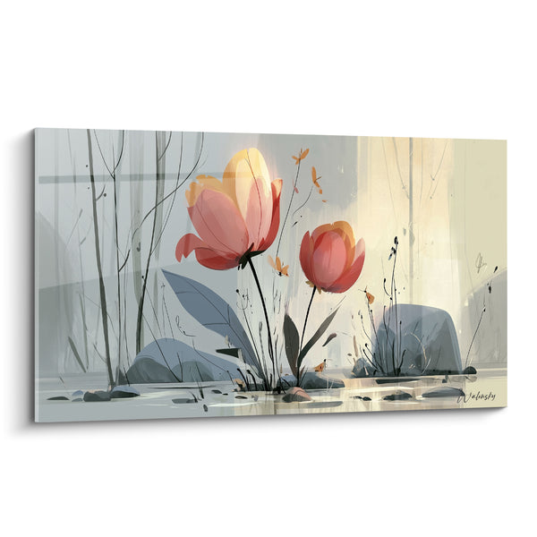 Tableau Tulipes roses et grises parmi rochers d'étang - Libellules dorées en vol - Edition Tulipe