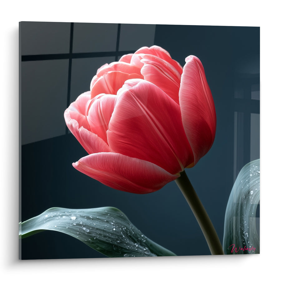 Tableau Tulipe rose et anthracite aux gouttelettes - Rosée du matin - Edition Tulipe