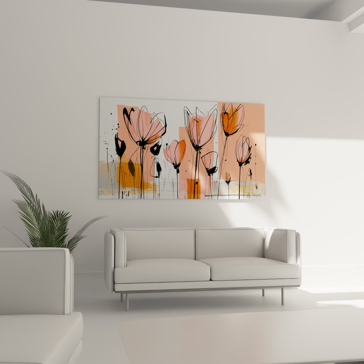 Tulipes stylisées aux pétales roses et fond gris perle au-dessus d'un canapé dans un salon lumineux