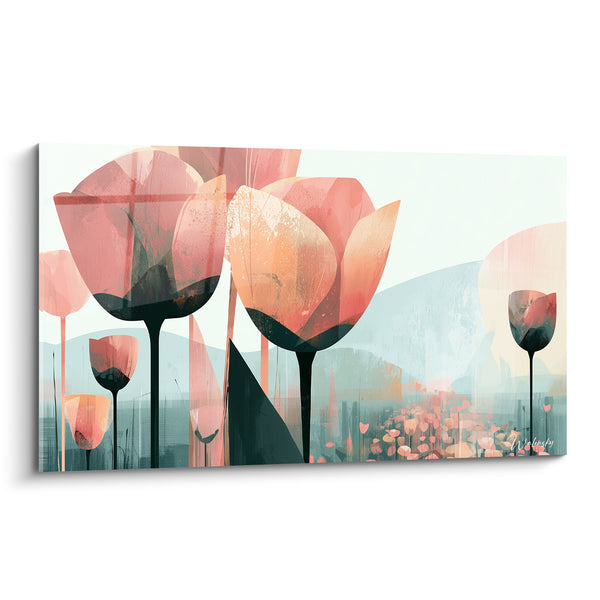 Tableau Tulipes corail et bleu pâle aux collines superposées - Champ flou lointain - Edition Tulipe
