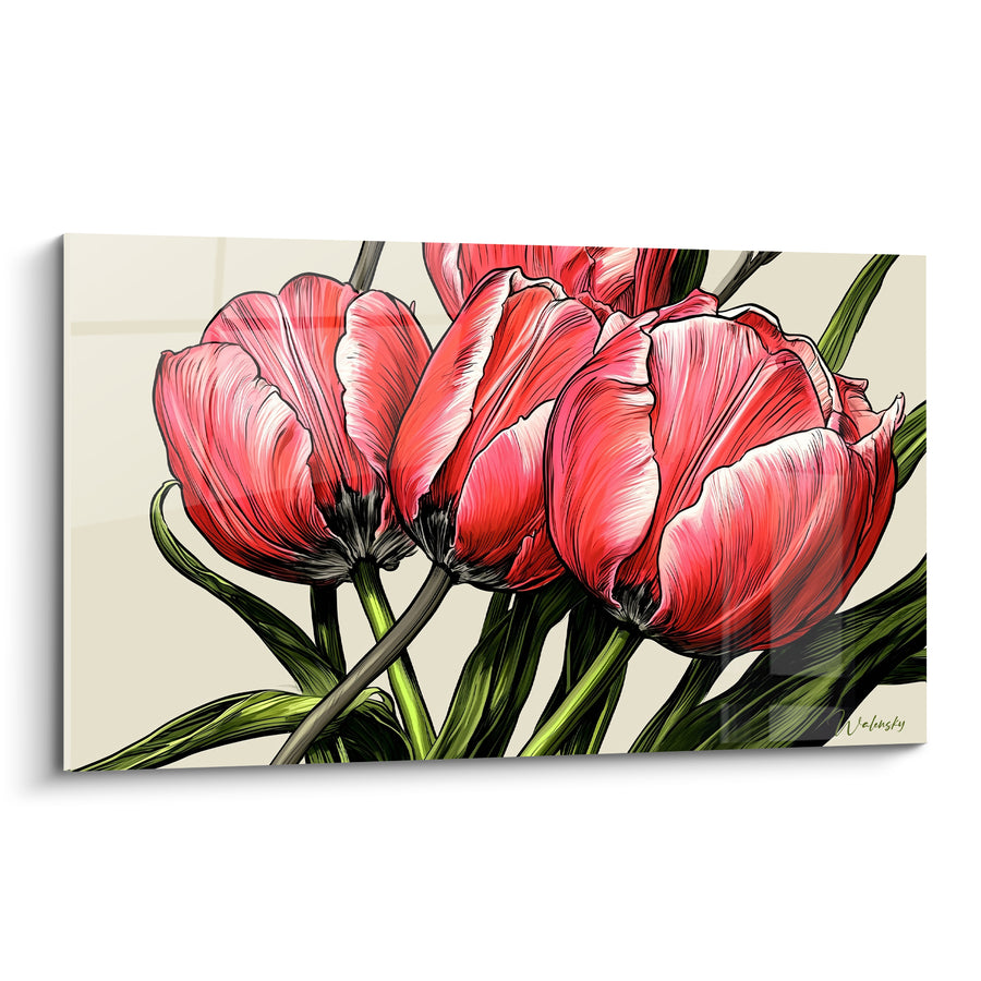 Tableau Tulipes roses et vertes au trait encré - Bouquet serré illustré - Edition Tulipe