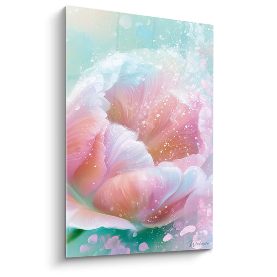 Tulipe rose corail et turquoise pastel éclaboussée de gouttelettes blanches en gros plan sur fond aquarelle