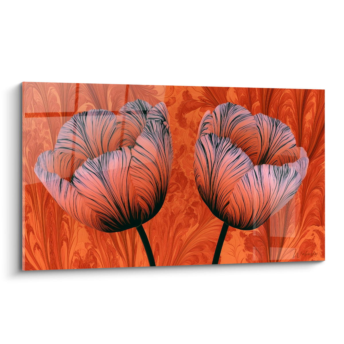 Tulipes roses veinées de noir sur fond corail ornemental, style graphique et lumineux