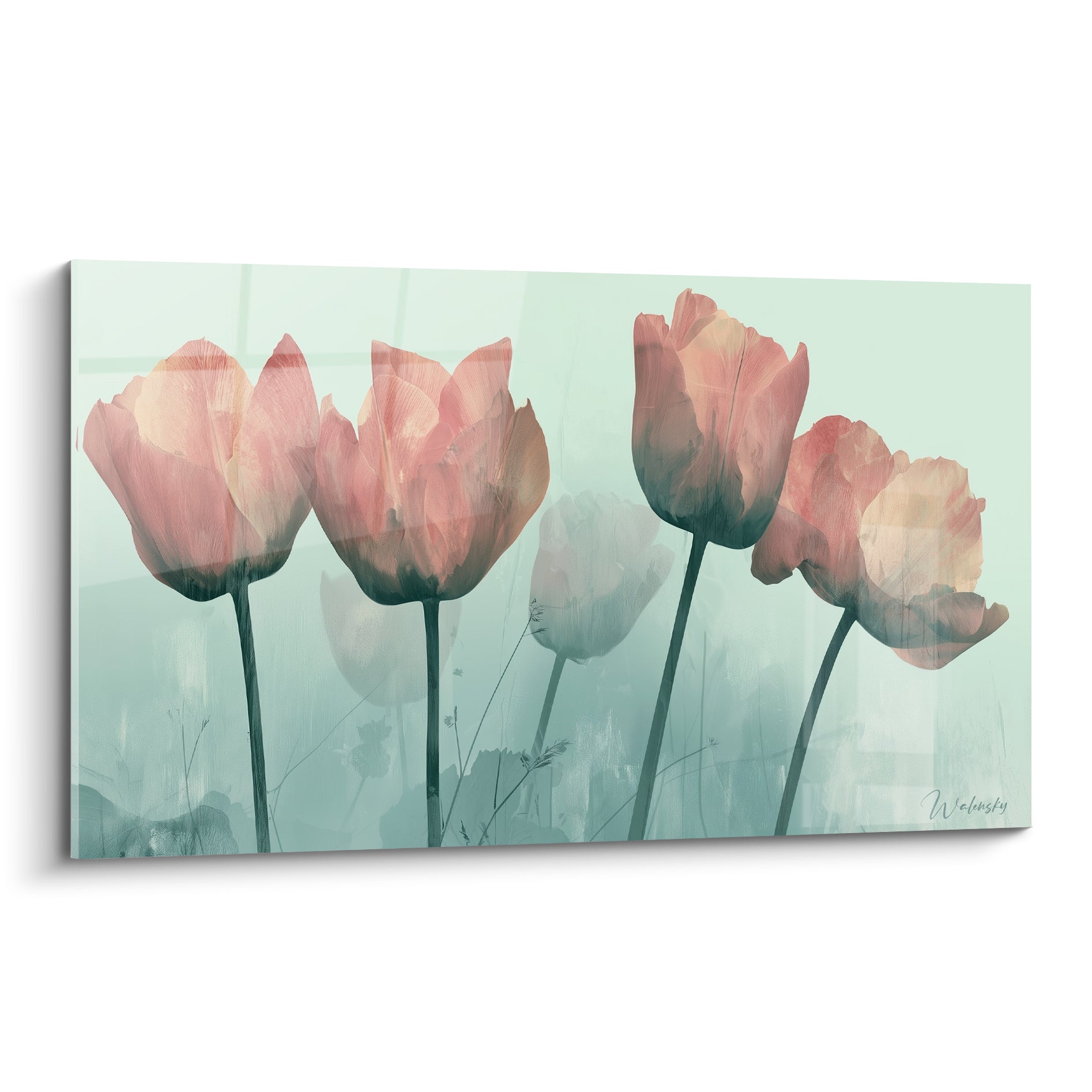 Tulipes roses corail et vert d'eau brumeux, pétales délicats peints en aplats superposés graphiques