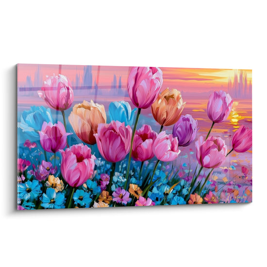 Tulipes roses, bleu pastel et dorées peintes en gros bouquet devant un coucher de soleil sur l'eau