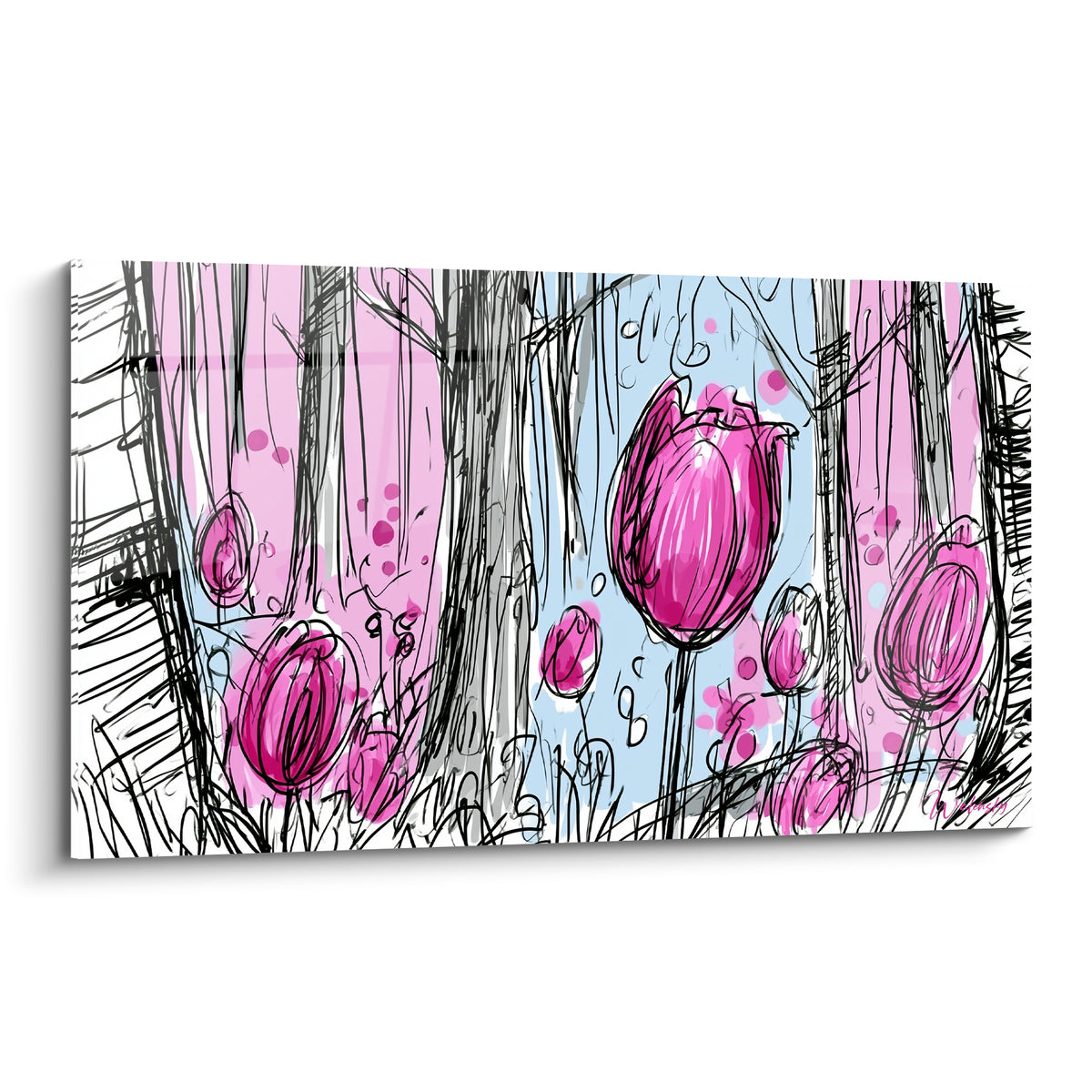Tulipes roses fuchsia esquissées au fusain noir sur fond bleu pastel et rose pâle