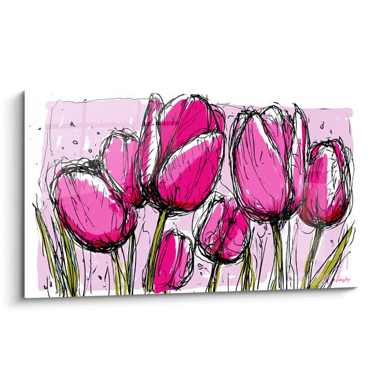Tulipes roses aux pétales fuchsia et vert olive, dessinées au trait noir esquissé sur fond rosé