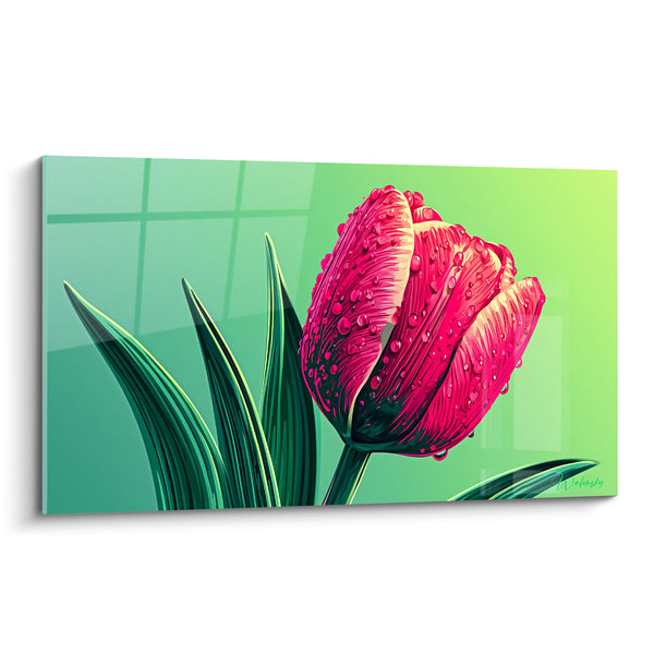 Tableau Tulipe rose et verte perlée de rosée dense - Fenêtre vitrée en arrière-plan - Edition Tulipe