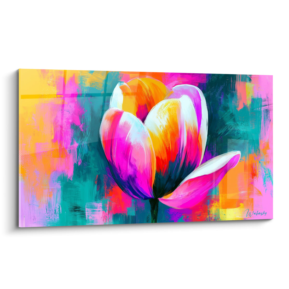 Tulipe rose fuchsia et jaune aux pétales texturés sur fond turquoise et orange éclatant