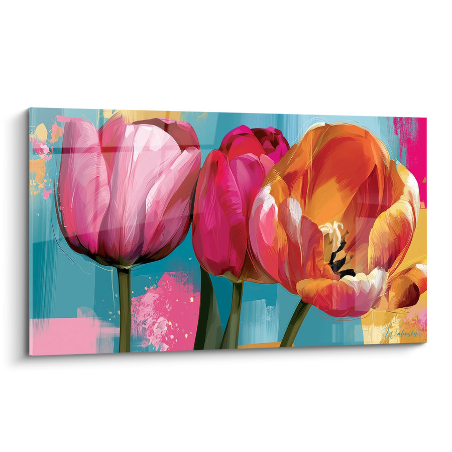 Tableau Tulipes roses et orange en trio - Fond turquoise éclaboussé - Edition Tulipe