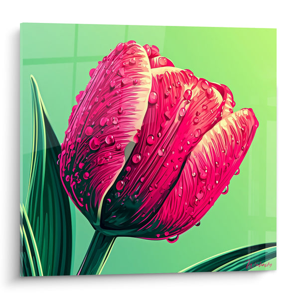 Cuadro Tulipán rosa y verde perlado de gotitas - Fondo cuadriculado luminoso - Edición Tulipán