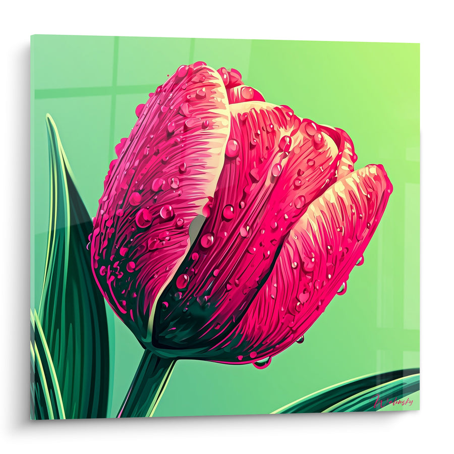 Tableau Tulipe rose et verte perlée de gouttelettes - Fond quadrillé lumineux - Edition Tulipe