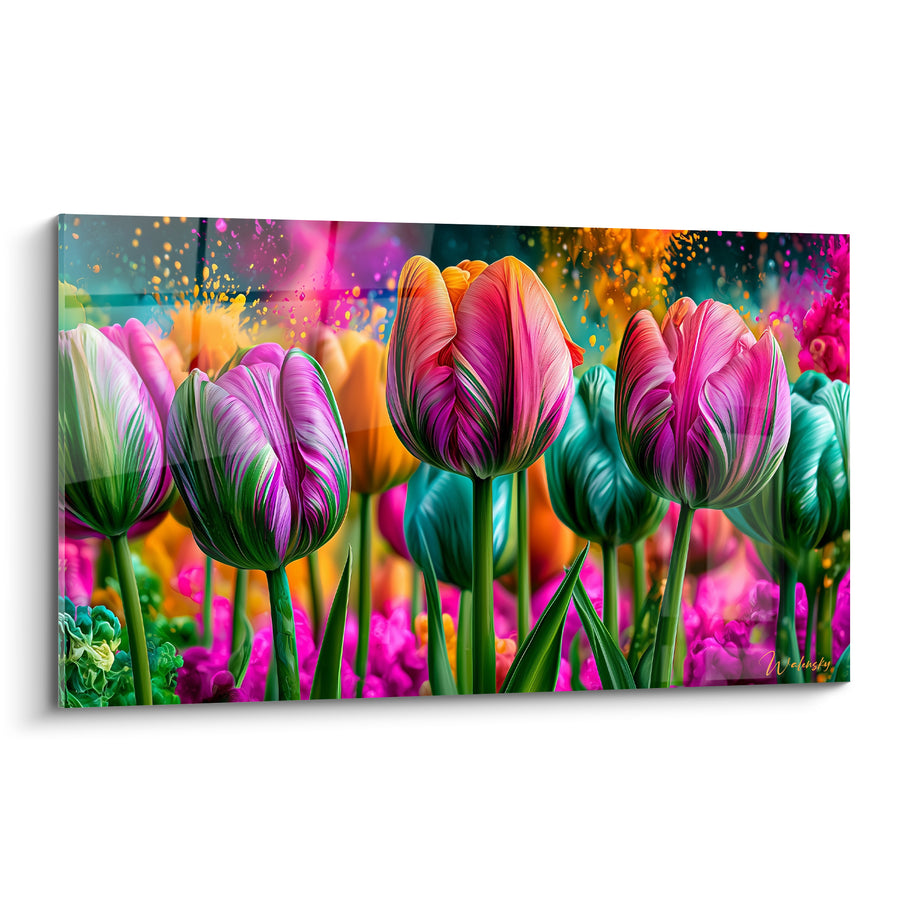 Tableau Tulipes roses et turquoise aux nervures marbrées - Rangée de pétales veinés - Edition Tulipe
