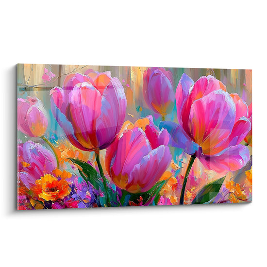 Tulipes roses et violettes aux pétales texturés se déploient sur fond doré et turquoise flouté