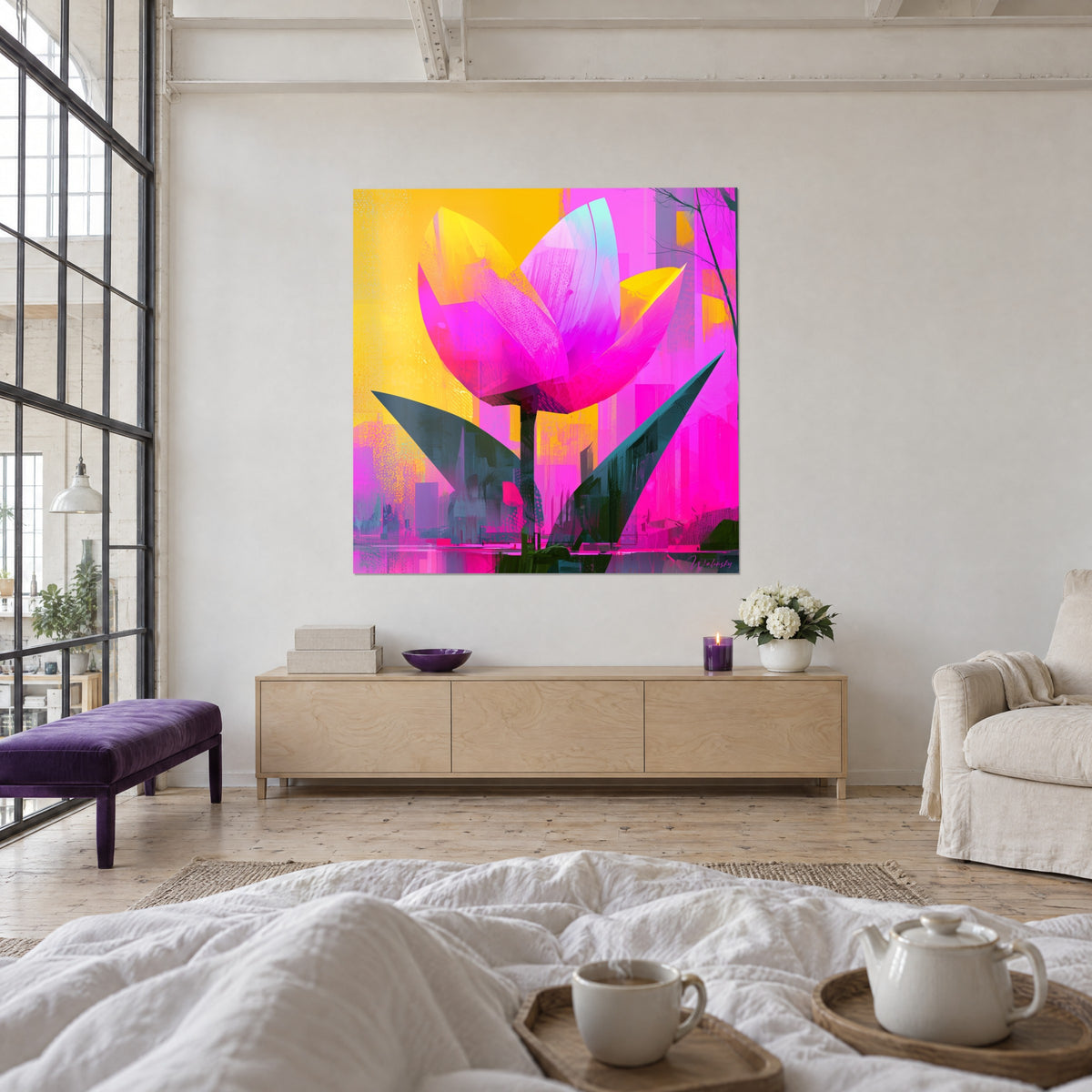 Tableau bouton floral rose vif et jaune, feuilles pointues vert sombre, deux personnes de dos, accroché au-dessus d'un lit dans une chambre claire