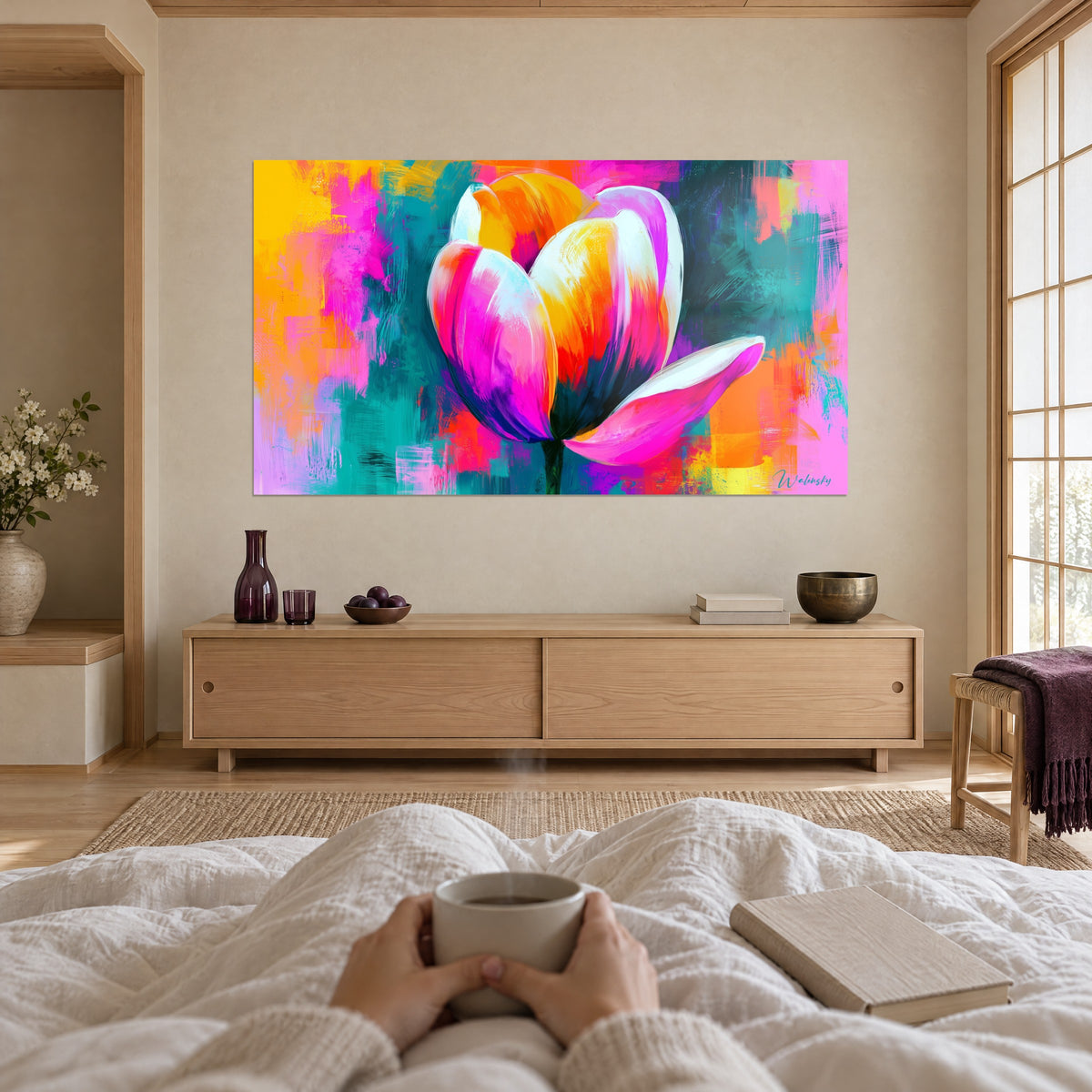 Wall art open tulip in bubblegum pink and orange on a turquoise background, hung above a bed in a bright bedroom