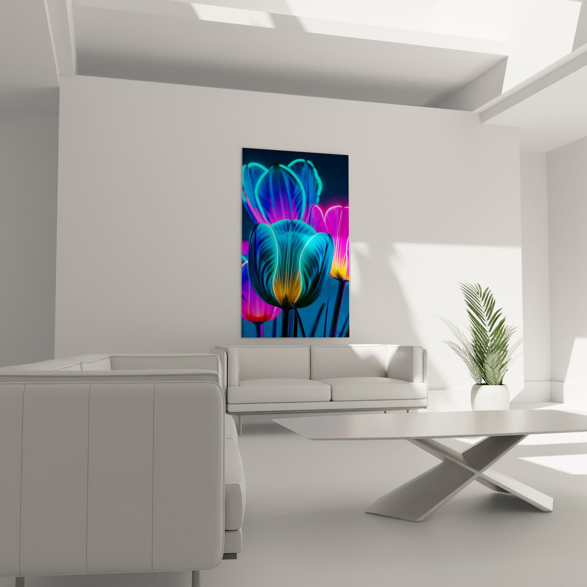 Pétales roses magenta et bleus cyan de la tulipe fluorescente au-dessus d'un canapé dans un salon lumineux