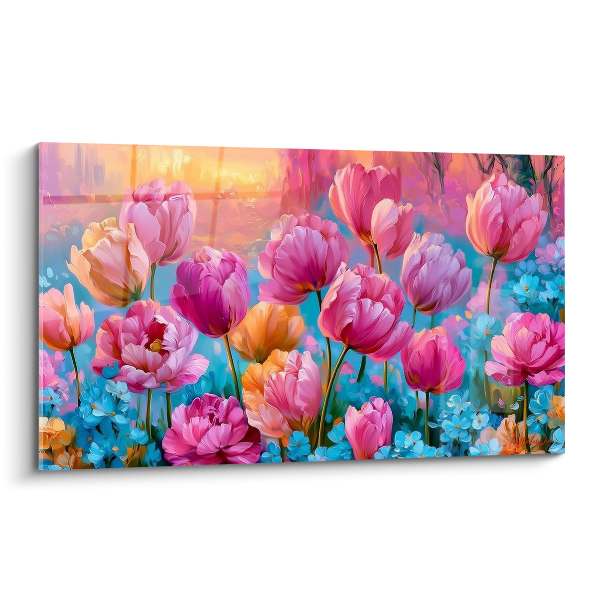 Tulipes roses et magenta déployées sur fond bleu turquoise et lumière dorée automnale