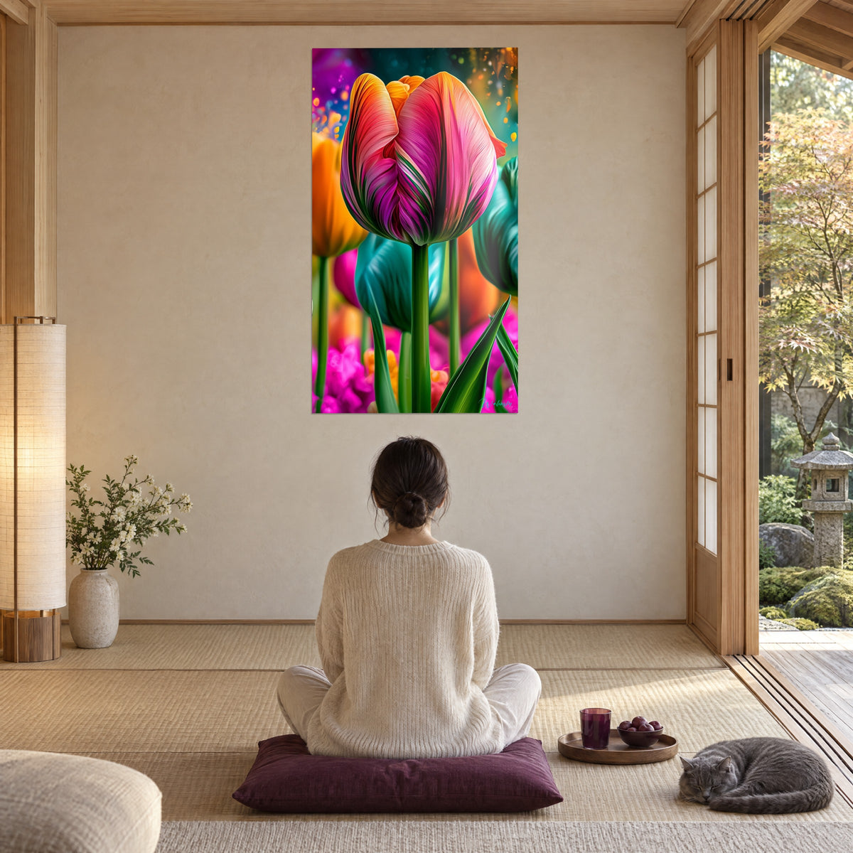 Wall art pink and orange floral bowl with green veins, amber and blue background, facing a seated woman and a gray cat