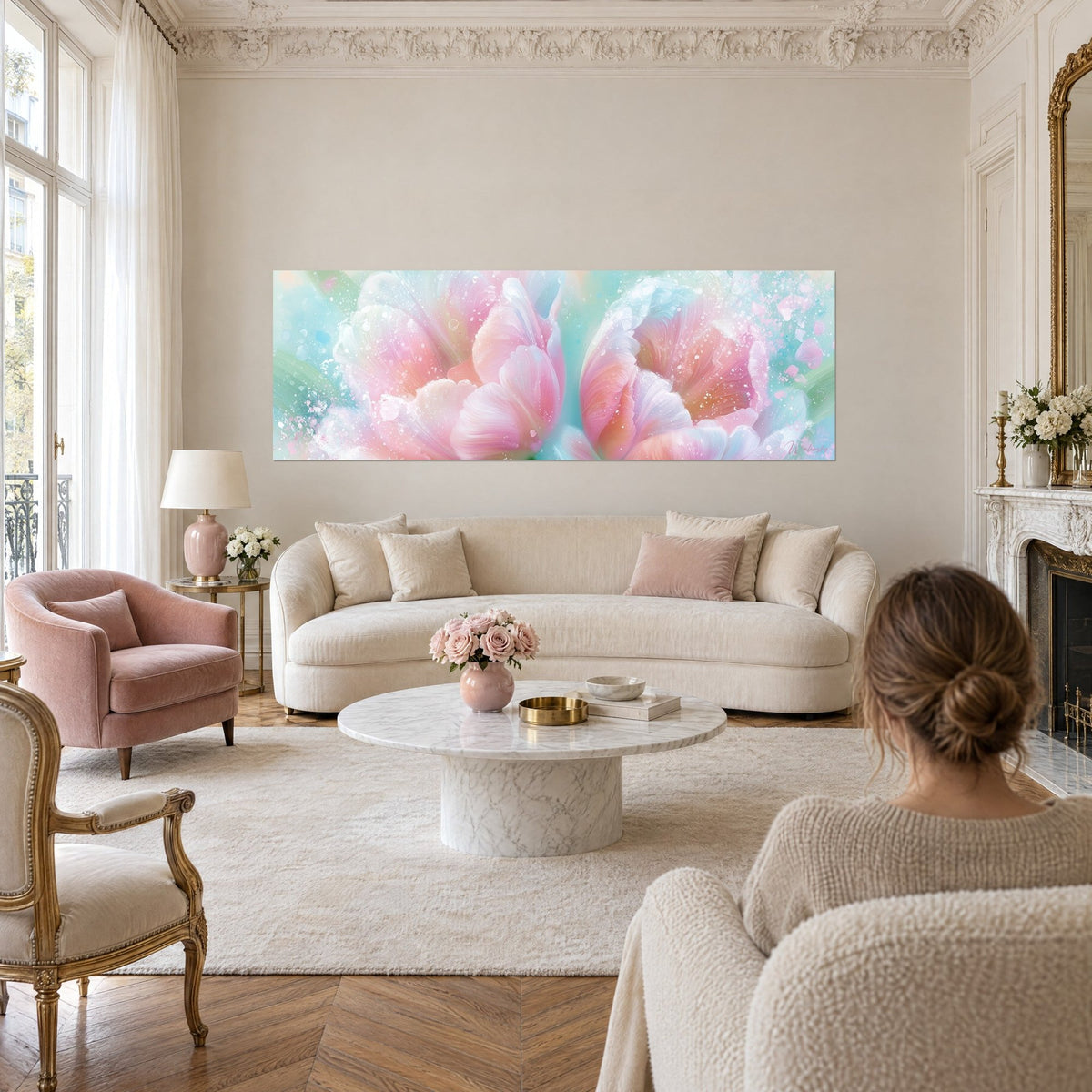 Schilderij tweelingtulpen in poederroze en turquoise, bloembladen met vorstige spatten, boven een bank in een lichte woonkamer