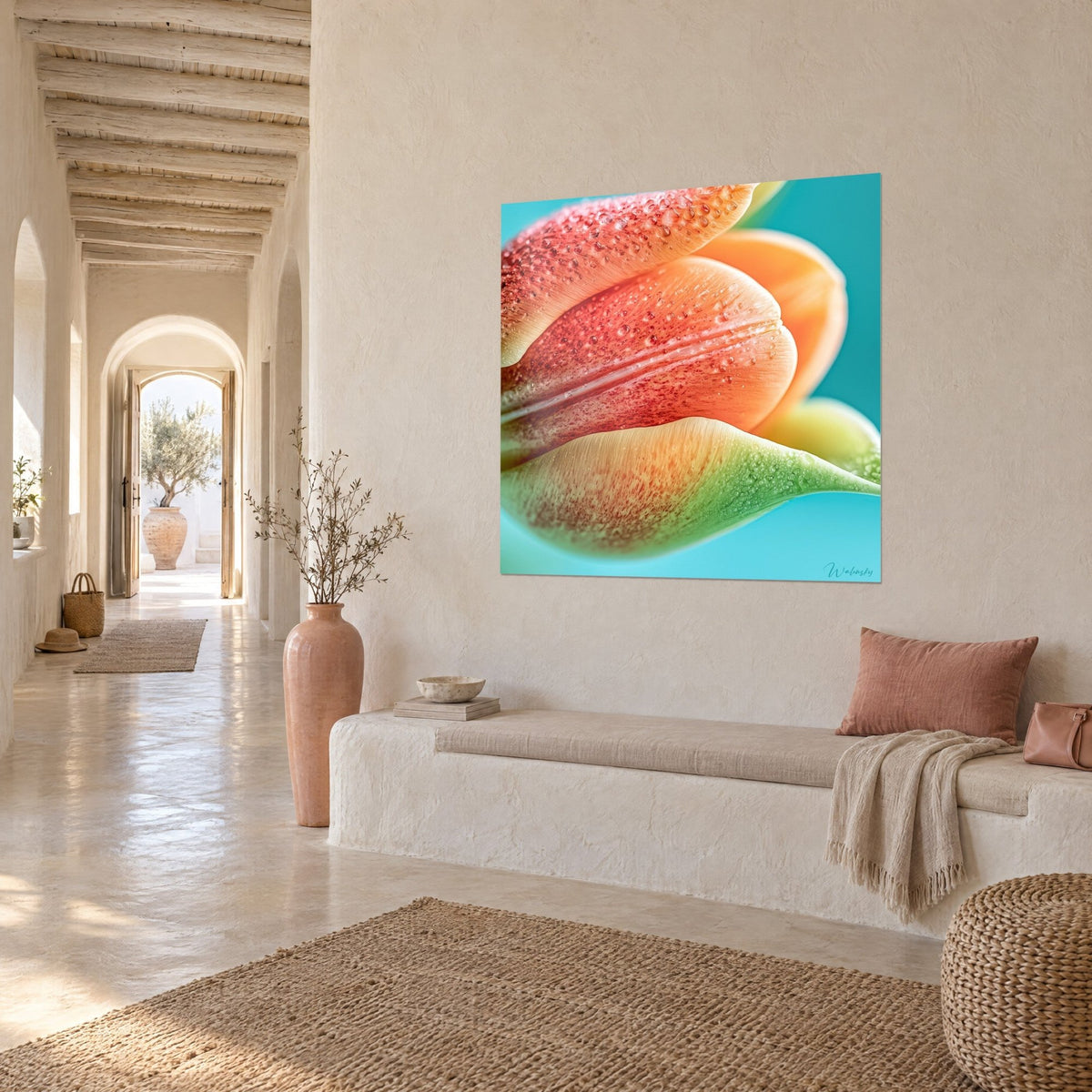 Tableau fleur printanière aux pétales orange et rouge couverts de gouttelettes, fond bleu turquoise, mur crème d'une galerie voûtée
