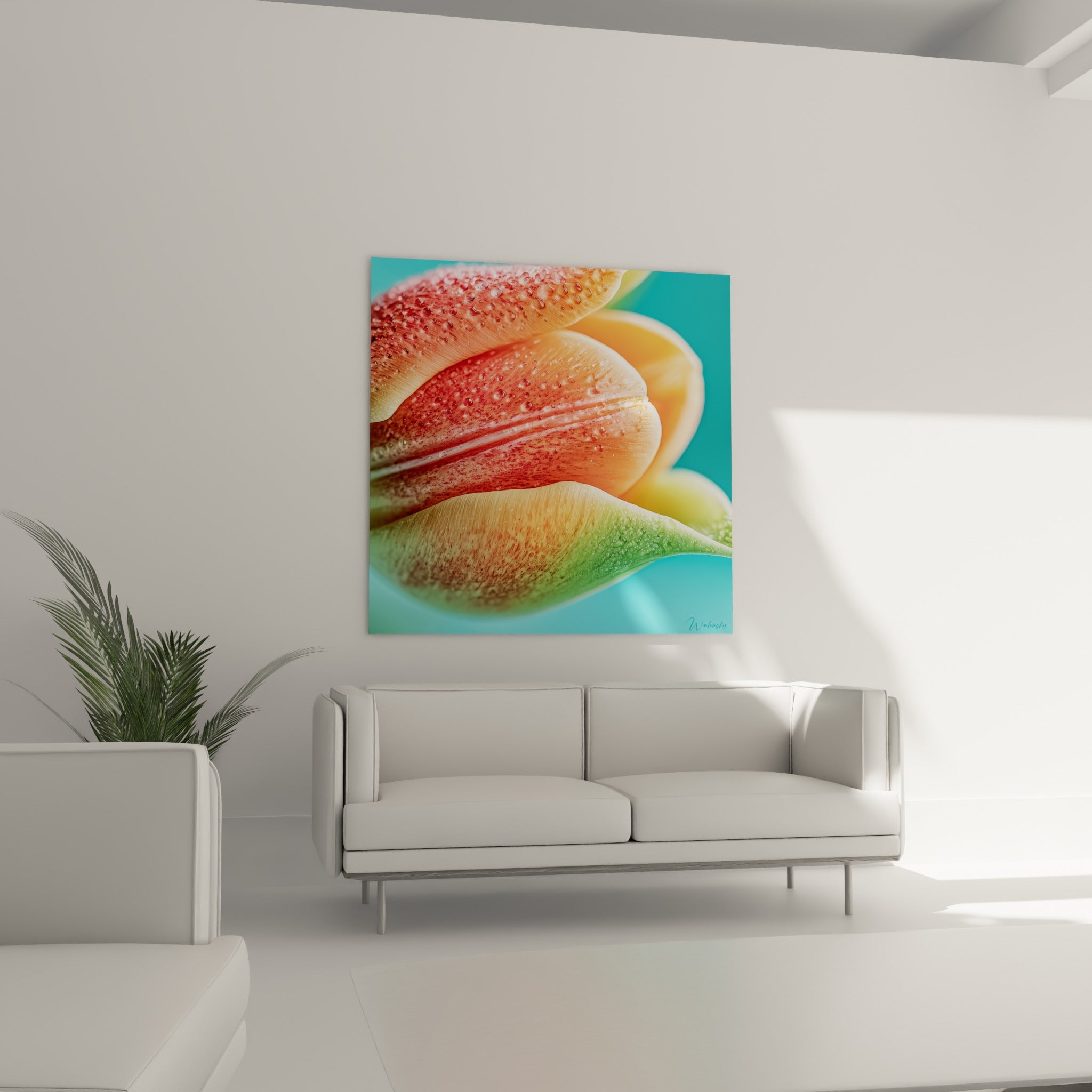 Fleur de tulipe rose et turquoise aux nervures marquées, au-dessus d'un canapé dans un salon lumineux