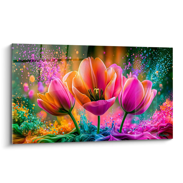 Cuadro Tulipanes rosas y anaranjados con olas arremolinadas - Salpicaduras multicolores en fusión - Edición Tulipán