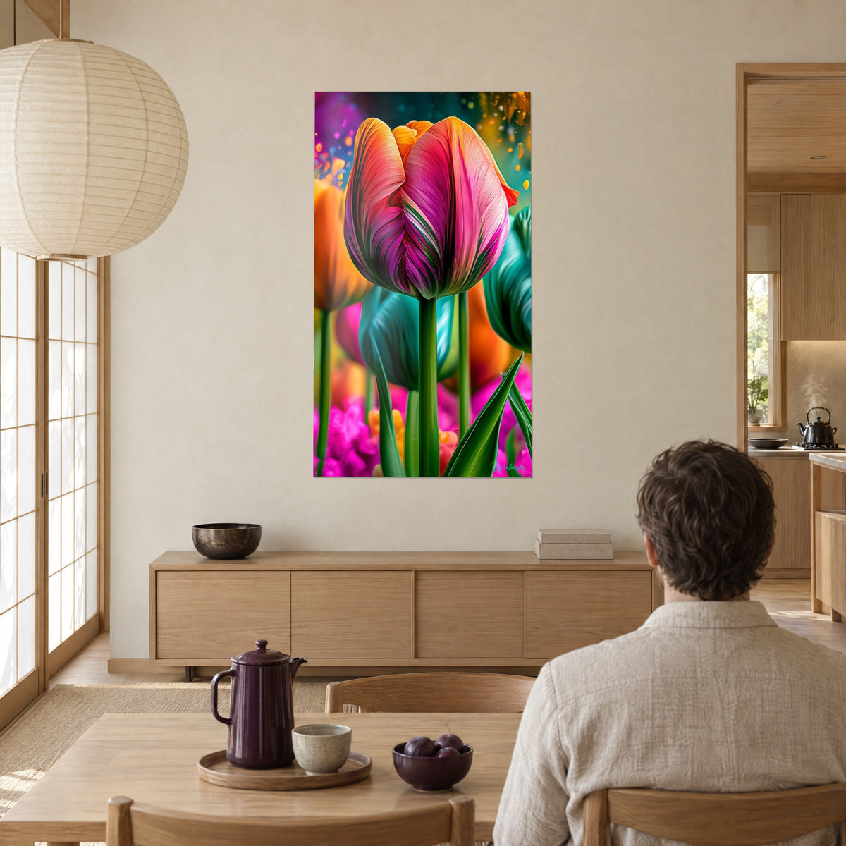 Wall art fuchsia corolla shaded with orange, luminous green stems, turquoise bokeh, hung facing a light wood table