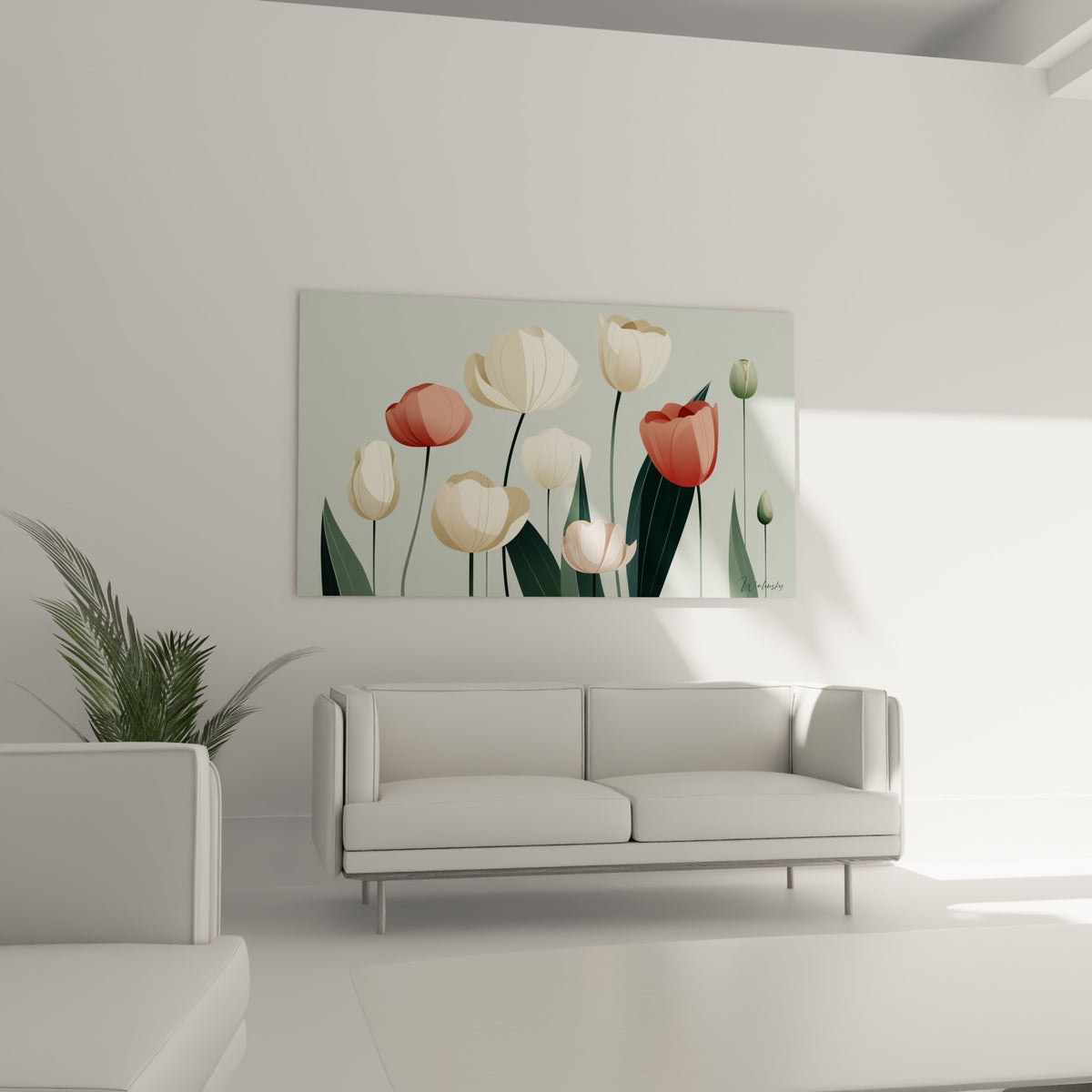 Fleurs de tulipe rose pâle et vert olive positionnées au-dessus d'un canapé dans un salon lumineux