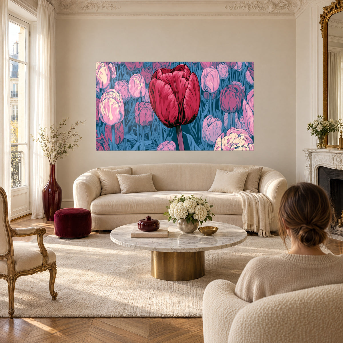 Πίνακας κόκκινη τουλίπα καρμίνι όρθια ανάμεσα σε ροζ και μπλε λουλούδια, έντονα μαύρα περιγράμματα, πάνω από καναπέ σε φωτεινό σαλόνι