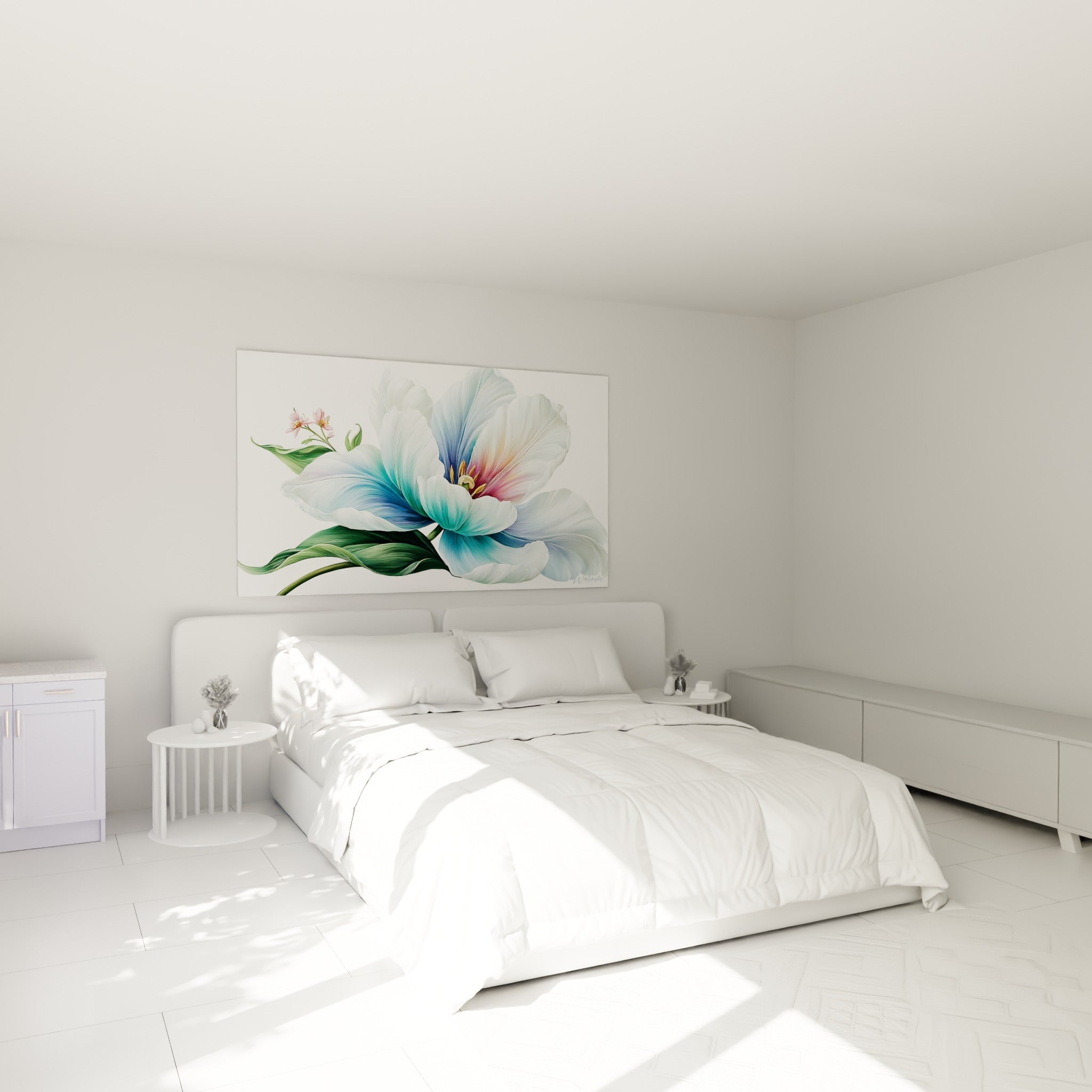 Pétales de tulipe turquoise et rose pâle affichés au-dessus d'un lit dans une chambre claire