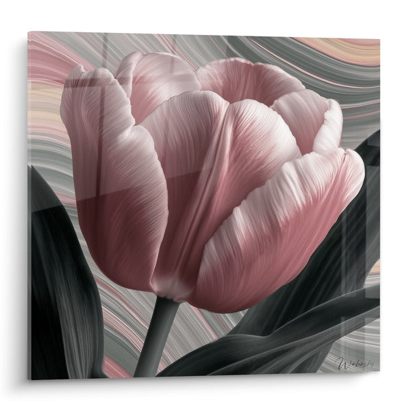 Tableau Tulipe rose et grise aux feuilles sombres - Fond marbré ondulé - Edition Tulipe