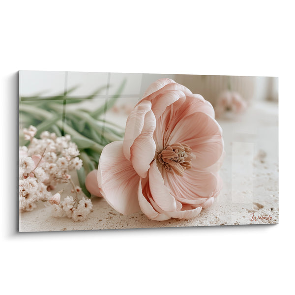 Tableau Tulipe rose pâle et crème aux petites fleurs blanches - Étamines brunes veloutées - Edition Tulipe
