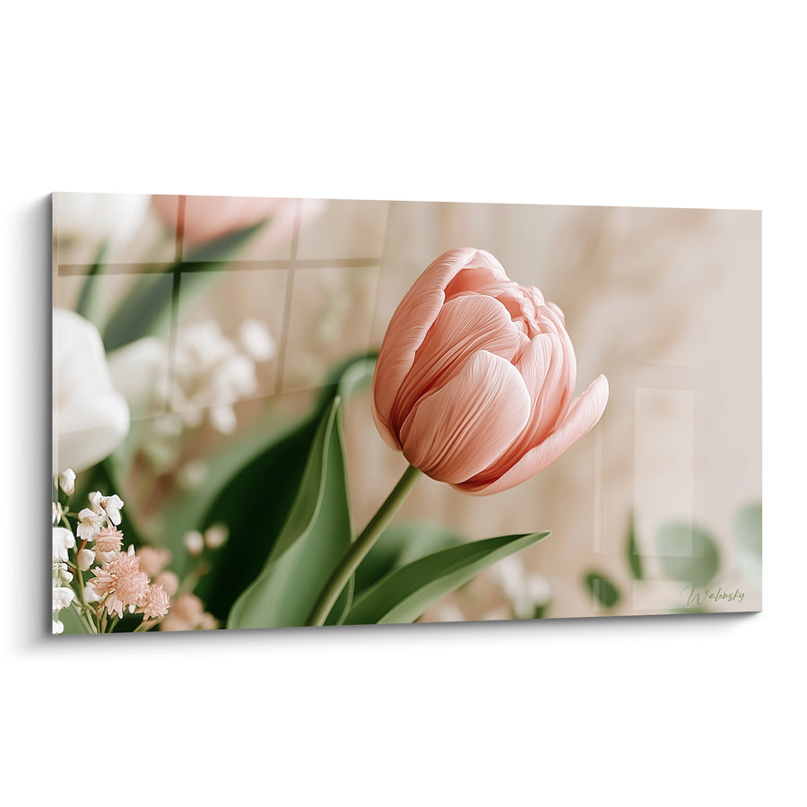 Tableau Tulipe rose et verte parmi gypsophile blanche - Bouquet romantique délicat - Edition Tulipe