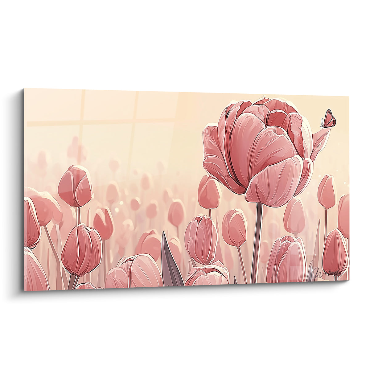 Tulipe rose épanouie et papillon posé sur pétale, fond ivoire, style illustratif délicat