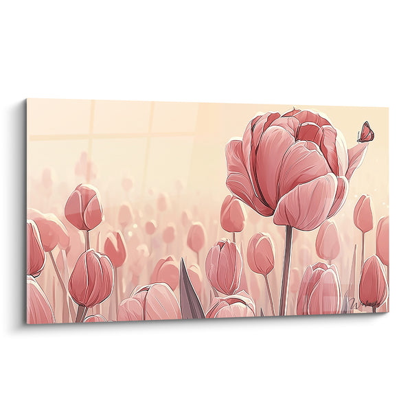 Tableau Tulipe rose et beige au papillon posé - Champ pastel illustré - Edition Tulipe